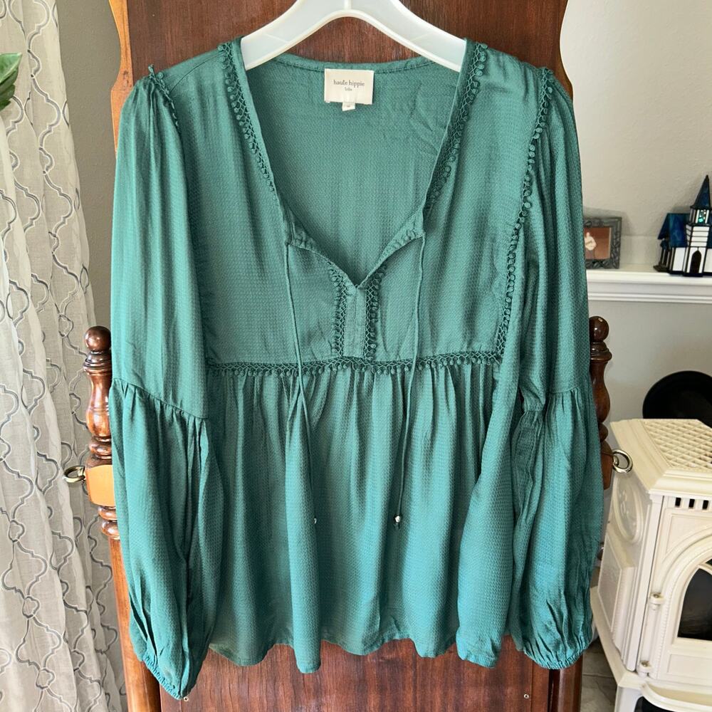 Haute Hippie Avery Peasant top Tie Neck  GREEN medium cottage babydoll